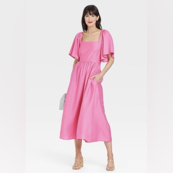 A New Day Pink Flutter Sleeves Tie Back Open Back swing day dress  S - Picture 1 of 9